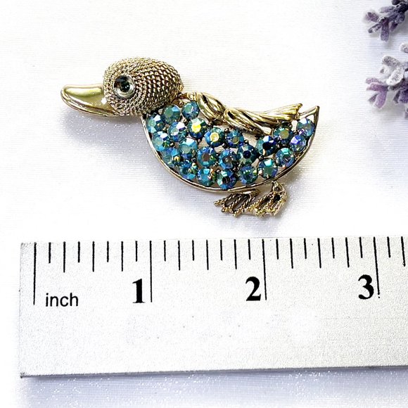Vintage CORO Rhinestone Duck Brooch Gold Tone Mid-Century - Picture 2 of 5